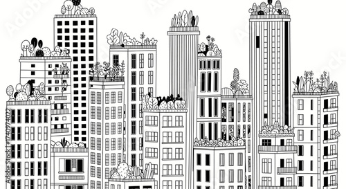 Hand drawn black and white cityscape with rooftop gardens.