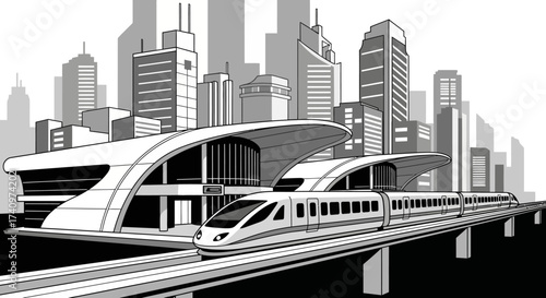 High-speed train arriving at a modern station.