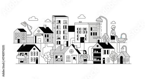 Illustration of a connected neighborhood with houses and buildings.