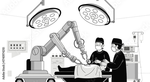 Illustration of Surgeons and a Robot Performing Surgery.