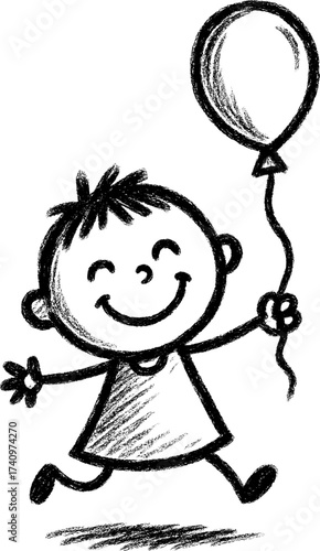 crayon-style vector of a child holding a balloon happily in doodle art.