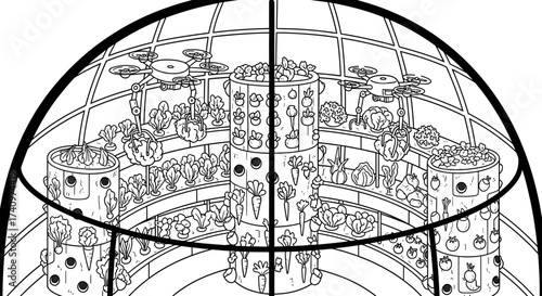 Line Art Illustration of a Self Sustained Biodome Habitat.