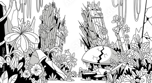 Line art illustration of a mysterious overgrown alien jungle with ruins.