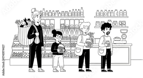 Line art illustration of diverse people waiting in a supermarket queue.