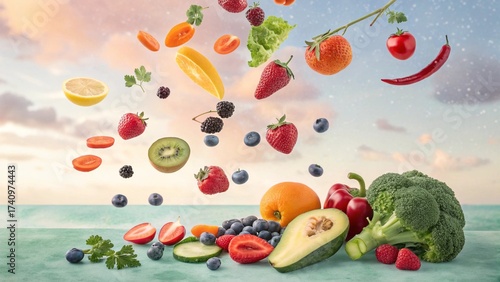 A surreal arrangement where fruits and vegetables float in mid-air against a pastel background, representing freshness and vitality.