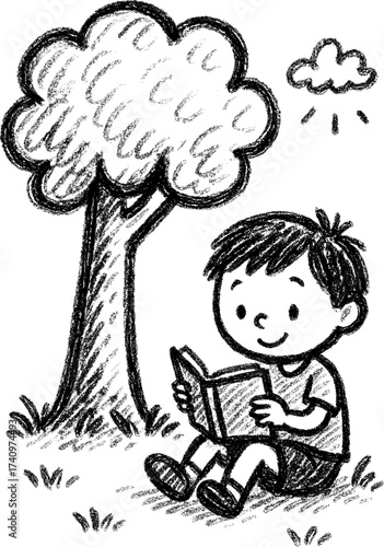 crayon-style vector of a child sitting under a tree while reading a book.