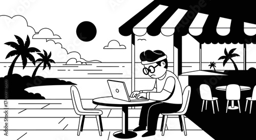 Man working on laptop at outdoor cafe by the sea.