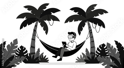 Man Working on Laptop in Hammock Between Palm Trees.
