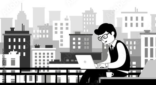 Man working on laptop outdoors in urban setting with focus.