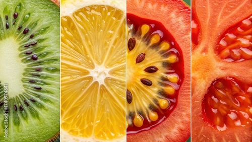 Macro photography of fruit cross-sections — kiwi, orange, tomato, and red pepper revealing intricate patterns and vibrant hues.