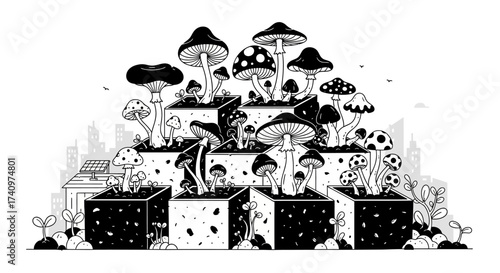Monochromatic Mushroom Garden Illustration.