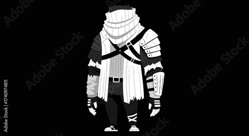 Monochrome Illustration of a Heavily Armored Character with Bandages.