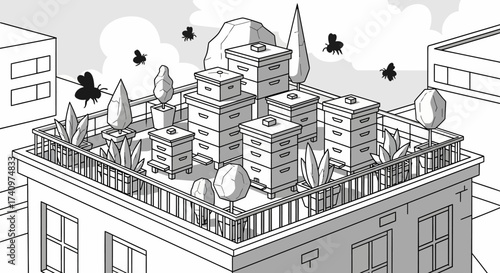 Monochrome Illustration of an Urban Rooftop Apiary with Beehives.