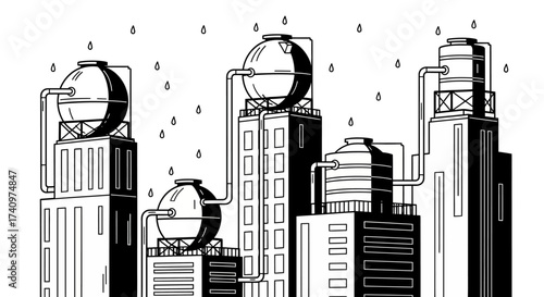 Monochrome line art illustration of a city with rooftop water towers.