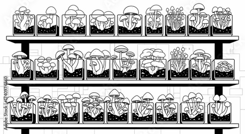 Monochrome line art illustration of diverse mushrooms in jars on shelves.