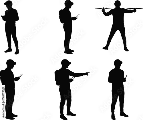 Drone operator silhouettes, remote control, drone launch, drone retrieval, technology use, aerial device, pilot figure, hobby, aviation, gadget, flight