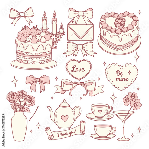 Hand drawn coquette elements for Valentines day, wedding invitation, birthday card. Cute girly bows, hearts, ribbons, cherry, cake, heart frame, strawberry. Vintage elegant vector illustration.