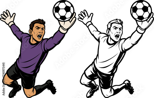 minimalist flat colored vector of a goal keeper diving to save the ball, colored and black and white for coloring page