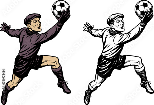 retro vector of a goalkeeper in purple and black jersey diving to save the soccer ball