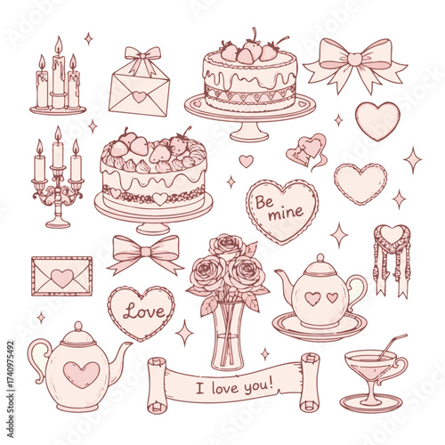Hand drawn coquette elements for Valentines day, wedding invitation, birthday card. Cute girly bows, hearts, ribbons, cherry, cake, heart frame, strawberry. Vintage elegant vector illustration.