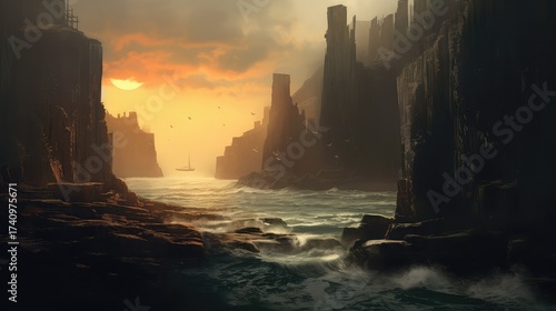Ocean waves crashing on rocks with cliffs and a sailboat at sunset in a fantasy landscape view