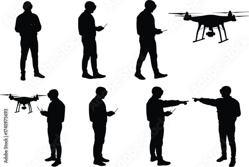 Drone silhouettes, human interaction, remote control, drone flight, operator figure, pointing gesture, technology use, aviation theme, gadget, communication, posture