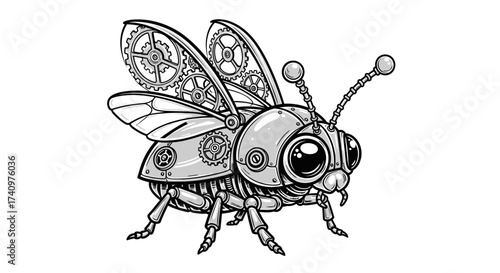Steampunk beetle illustration with mechanical wings and intricate details.