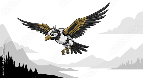 Stylized fantasy bird with a harness flying.