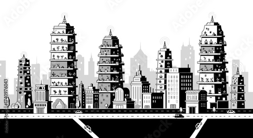 Stylized black and white cityscape with unique pagoda towers.