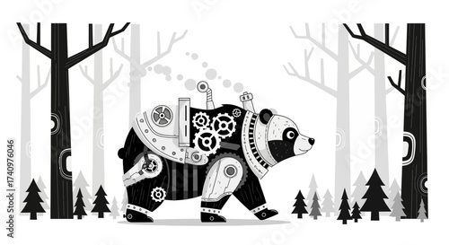 Steampunk Panda Bear Robot Walking in a Forest.