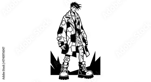 Stylized illustration of a person in a patchwork coat and combat boots.