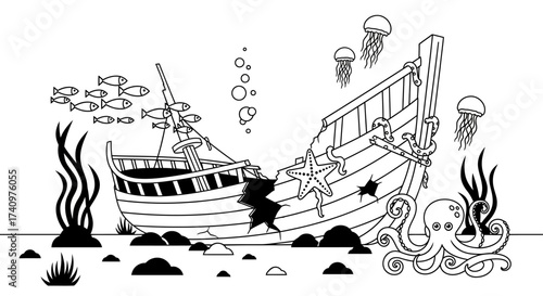 Sunken ship underwater scene with marine life and ocean details.