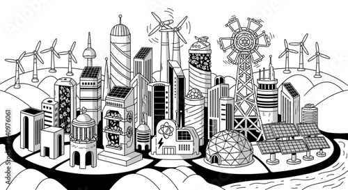 Sustainable city with renewable energy sources and eco-friendly buildings.