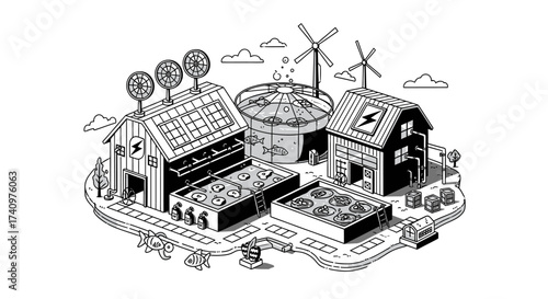 Sustainable energy farm with solar panels and wind turbines.