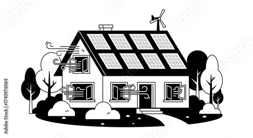 Sustainable home powered by solar panels and wind turbine energy.