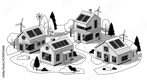 Sustainable community with solar panel houses and wind turbines.
