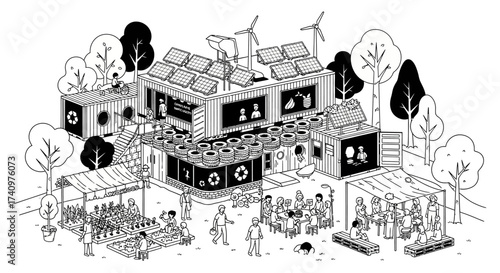 Sustainable Community Hub with Renewable Energy and Urban Farming.