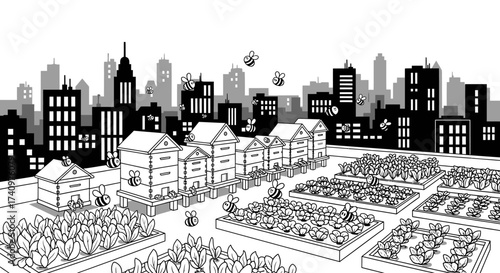 Sustainable Urban Farming with Rooftop Beehives and Gardens.