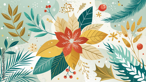 Festive poinsettia and autumn leaves with winter berries and snowflakes