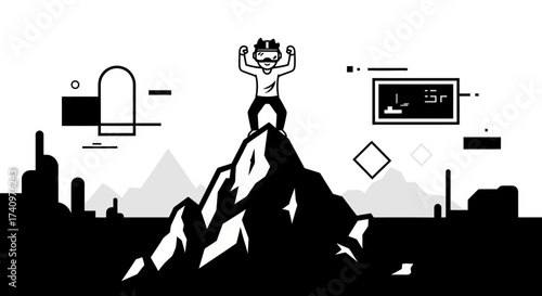 Triumphant character with VR headset celebrates on a mountain peak.