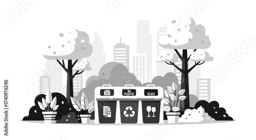 Three recycling bins in a park setting with trees and plants.