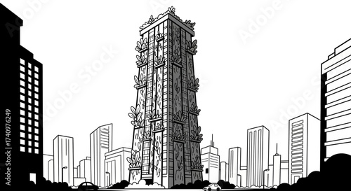 Towering urban skyscraper with integrated vertical garden and architectural design.