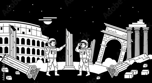 Two astronauts exploring ancient ruins under a starry sky.