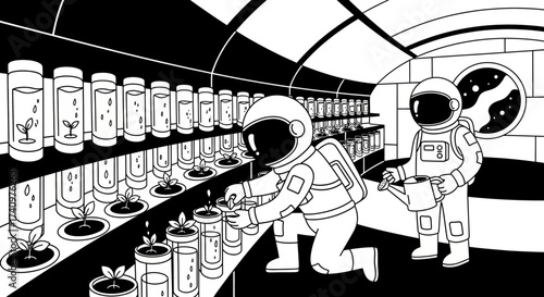 Two astronauts in spacesuits cultivating plants in a space station greenhouse.
