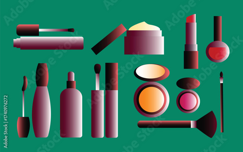 Gradient cosmetic products arranged on a green background for beauty advertising