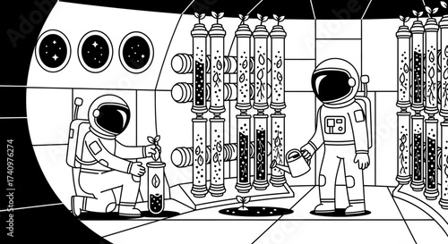Two Astronauts tending to Plants in a Space Station.