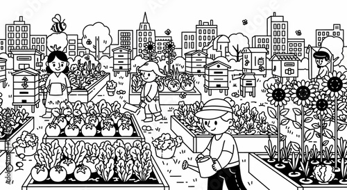 Urban garden scene with people tending plants and vegetables.