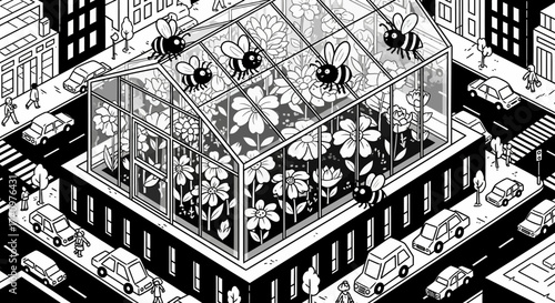 Urban Greenhouse Oasis with Bees and Flowers in Cityscape.
