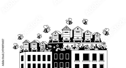 Urban Rooftop Beehives and Flying Bees.