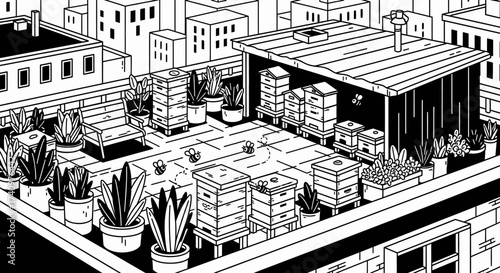 Urban Rooftop Apiary with Beehives and Potted Plants Illustration.
